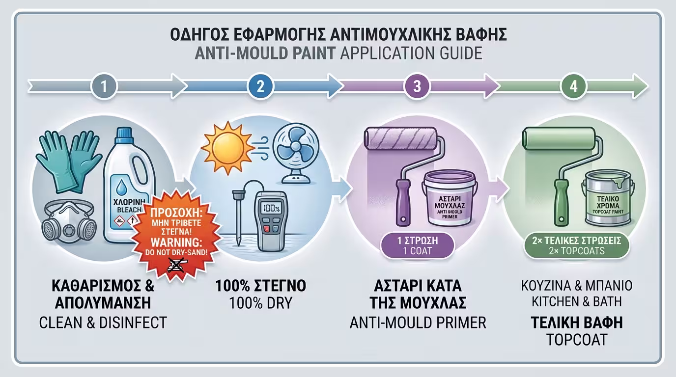 Infographic: 4 βήματα - καθαρισμός, στέγνωμα, αστάρωμα, τελικό χρώμα
