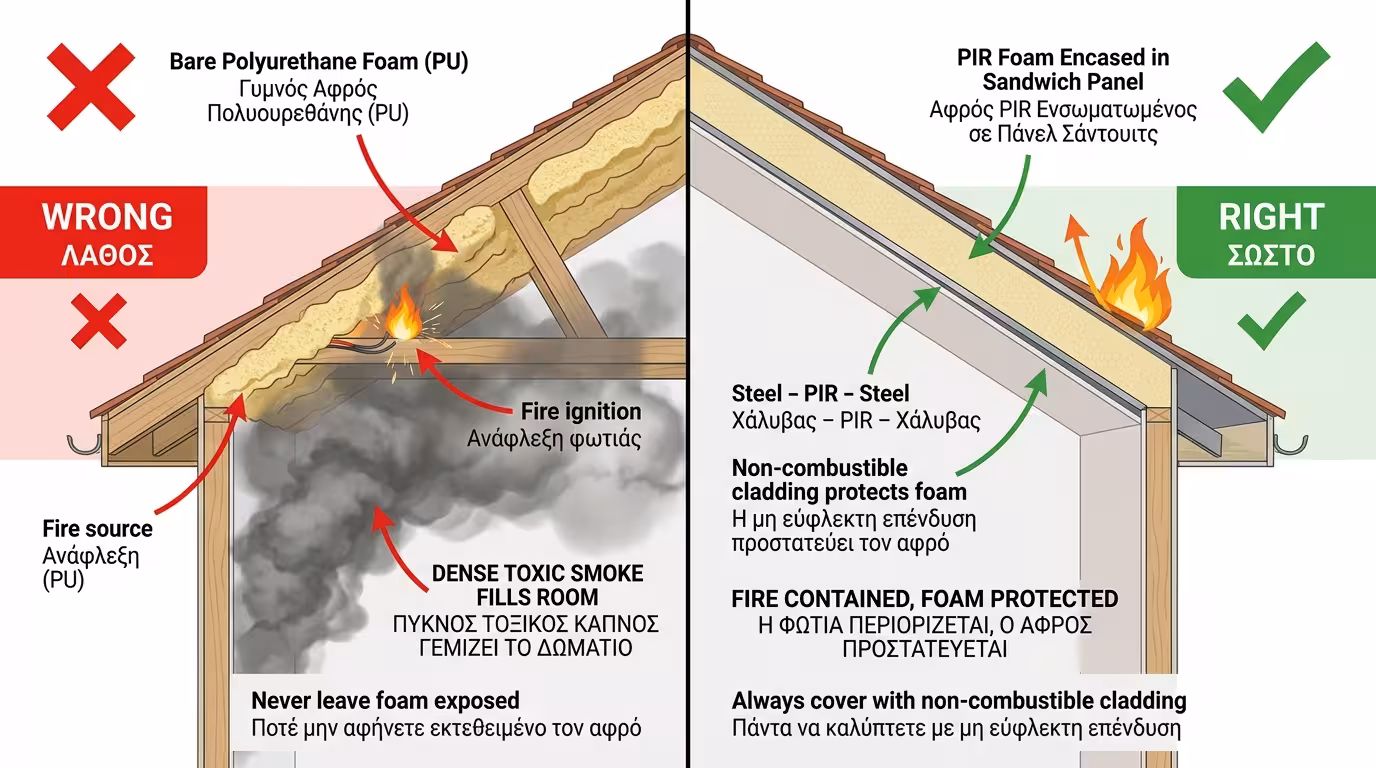 Σωστή εφαρμογή PIR: πάνελ σάντουιτς με λαμαρίνα, ή πίσω από γυψοσανίδες