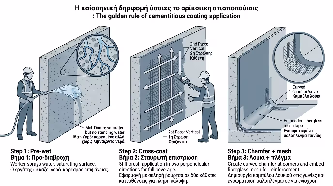 Εφαρμογή τσιμεντοειδούς στεγανωτικού - διαβροχή και σταυρωτές στρώσεις
