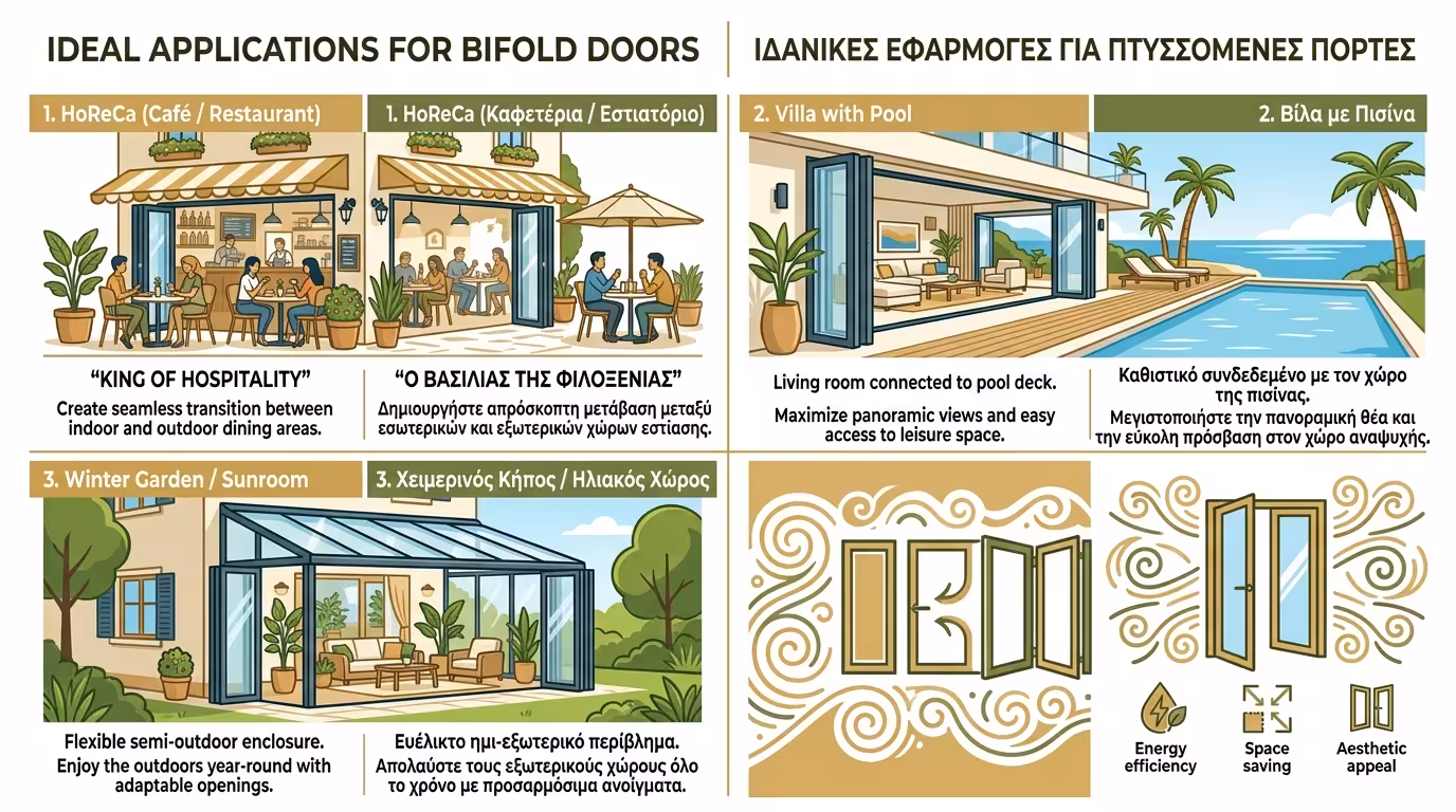 Πτυσσόμενη πόρτα σε εστιατόριο HoReCa - πλήρες άνοιγμα προς βεράντα