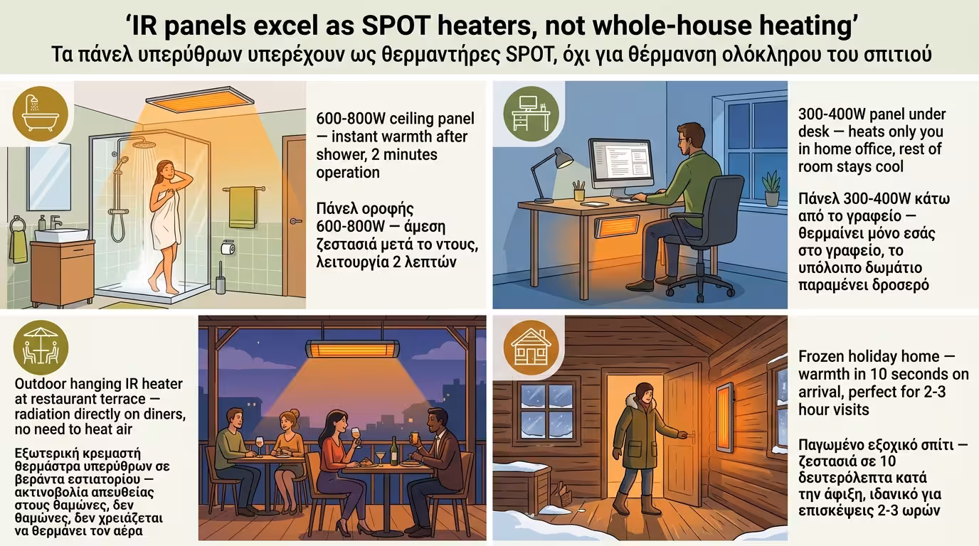Εφαρμογή IR πάνελ: μπάνιο, γραφείο, βεράντα - σημειακή θέρμανση