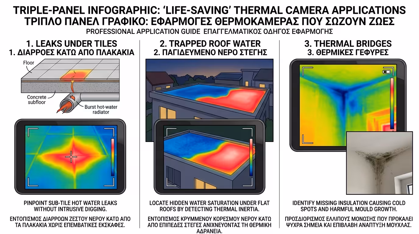 3 εφαρμογές - πλακάκια, ταράτσα, θερμογέφυρες