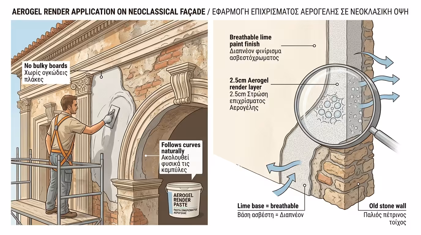 Τεχνίτης απλώνει σοβά Aerogel με σπάτουλα πάνω σε πέτρινο τοίχο