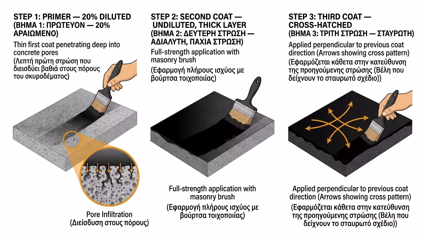 Εφαρμογή ασφαλτικής επάλειψης - αστάρι + 2 σταυρωτά χέρια