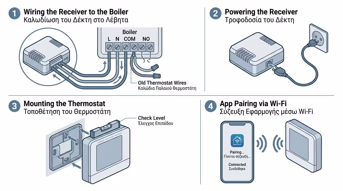 Εγκατάσταση ρελέ δέκτη δίπλα στον λέβητα, ασύρματος θερμοστάτης σαλονιού