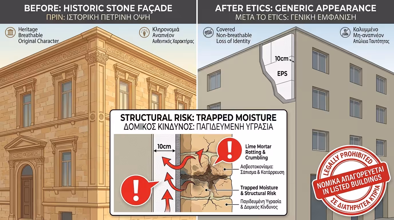 Πέτρα κρυμμένη κάτω από φελιζόλ + σοβά - αισθητική καταστροφή