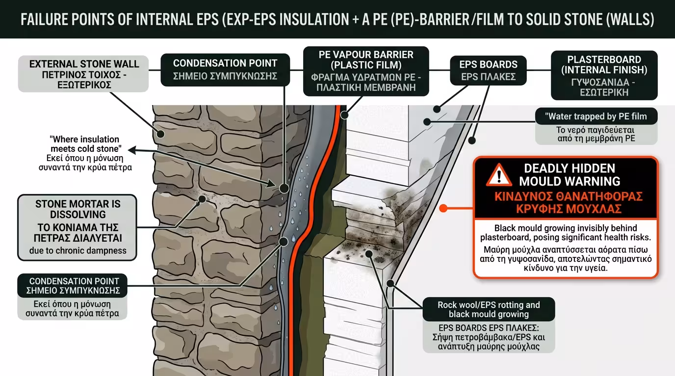 Γυψοσανίδα + νάιλον + EPS πίσω - μαύρη μούχλα, λιωμένο κονίαμα
