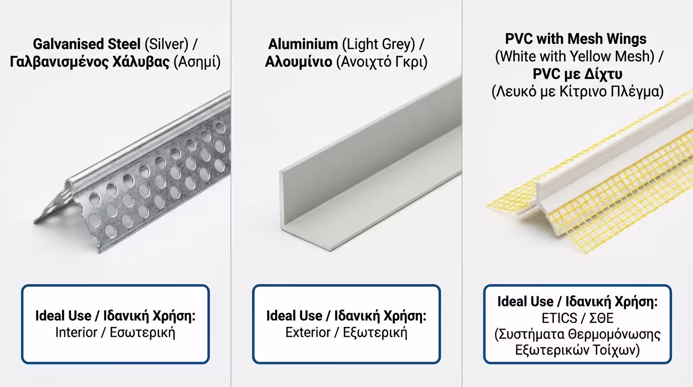 Τρεις τύποι γωνιόκρανων: γαλβανιζέ, αλουμινίου και PVC με δίχτυ