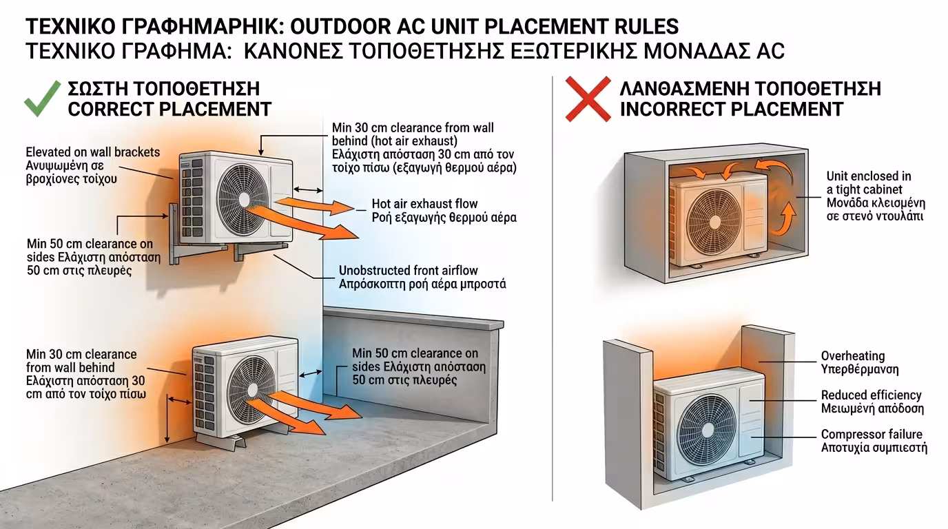 Εξωτερική μονάδα κλιματιστικού - αερισμός, χώρος, πρόσβαση συντήρησης
