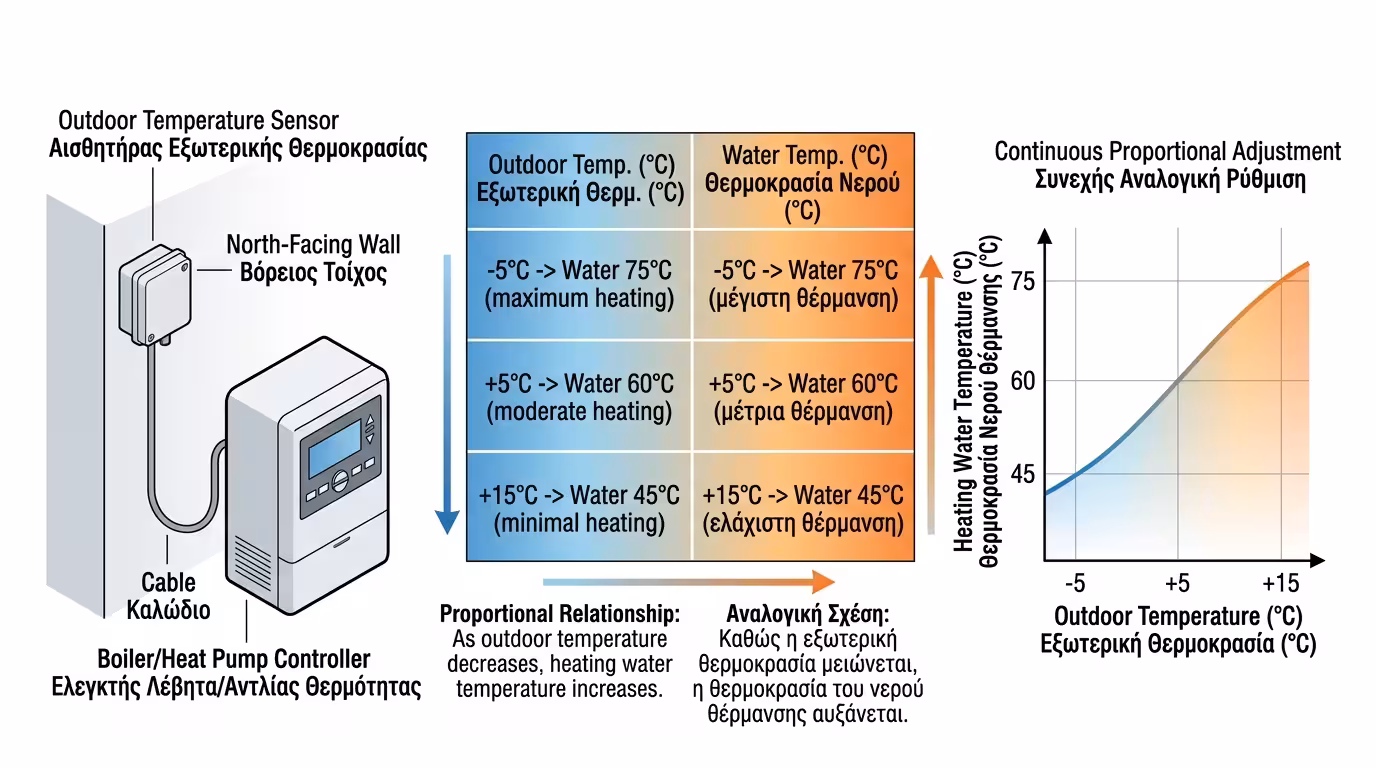 Εξωτερικός αισθητήρας θερμοκρασίας - τοίχος βοράς, σύνδεση με λέβητα