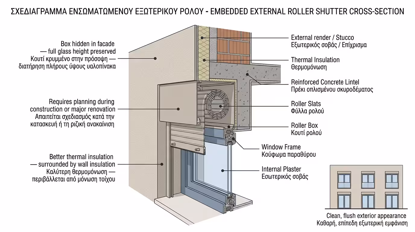 Εξωτερικό (προστιθέμενο) κουτί ρολού - φατσαδούρα βιδωμένη στην εξωτερική πρόσοψη