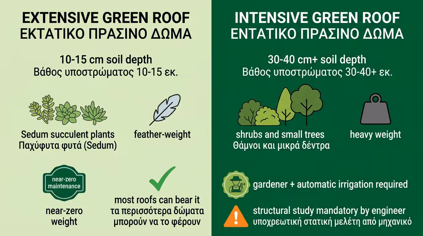 Εκτατικό vs Εντατικό - Sedum 15cm vs κήπος 40cm+ θάμνοι δέντρα