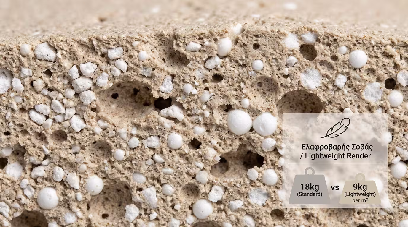 Ελαφροβαρής σοβάς με περλίτη - τομή δείχνει πορώδη αδρανή