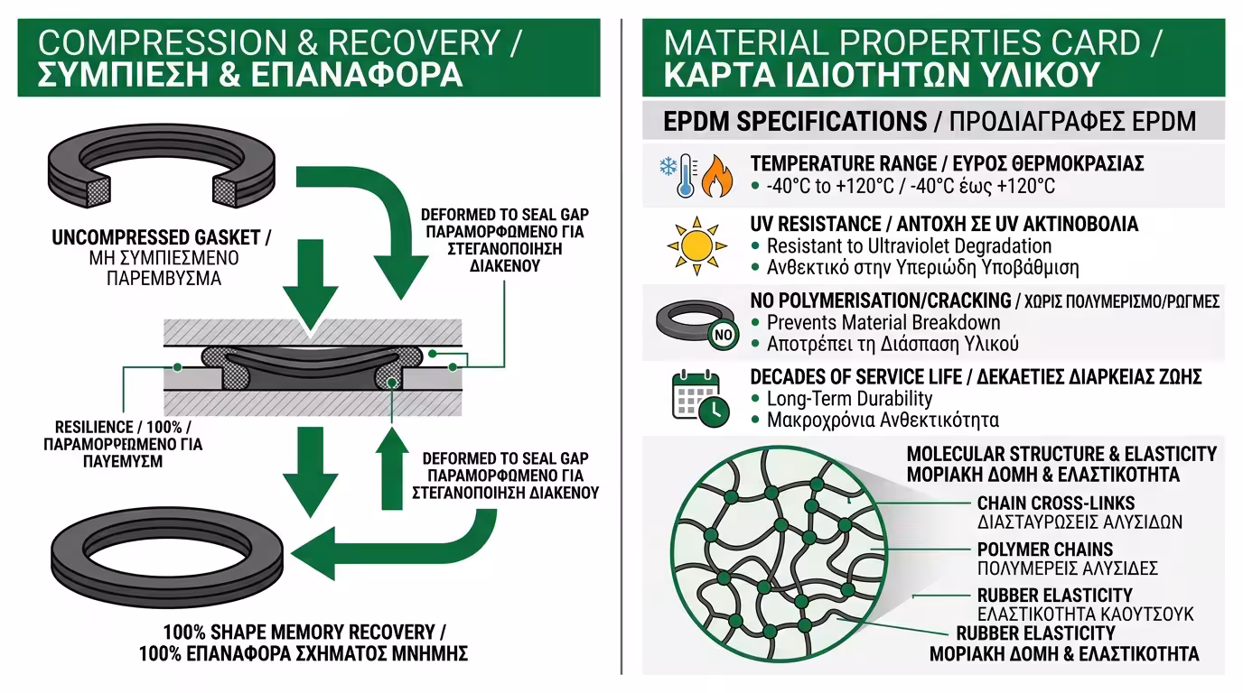 Ελαστικά EPDM - μνήμη επαναφοράς, αντοχή UV, -40°C έως +120°C