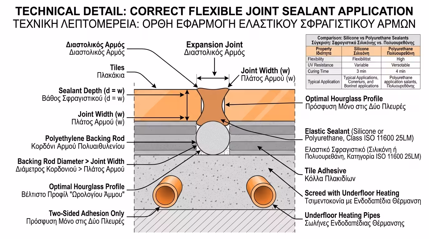 Ελαστικός αρμός σιλικόνης σε πλακάκι ενδοδαπέδιας - σφράγιση αρμού διαστολής