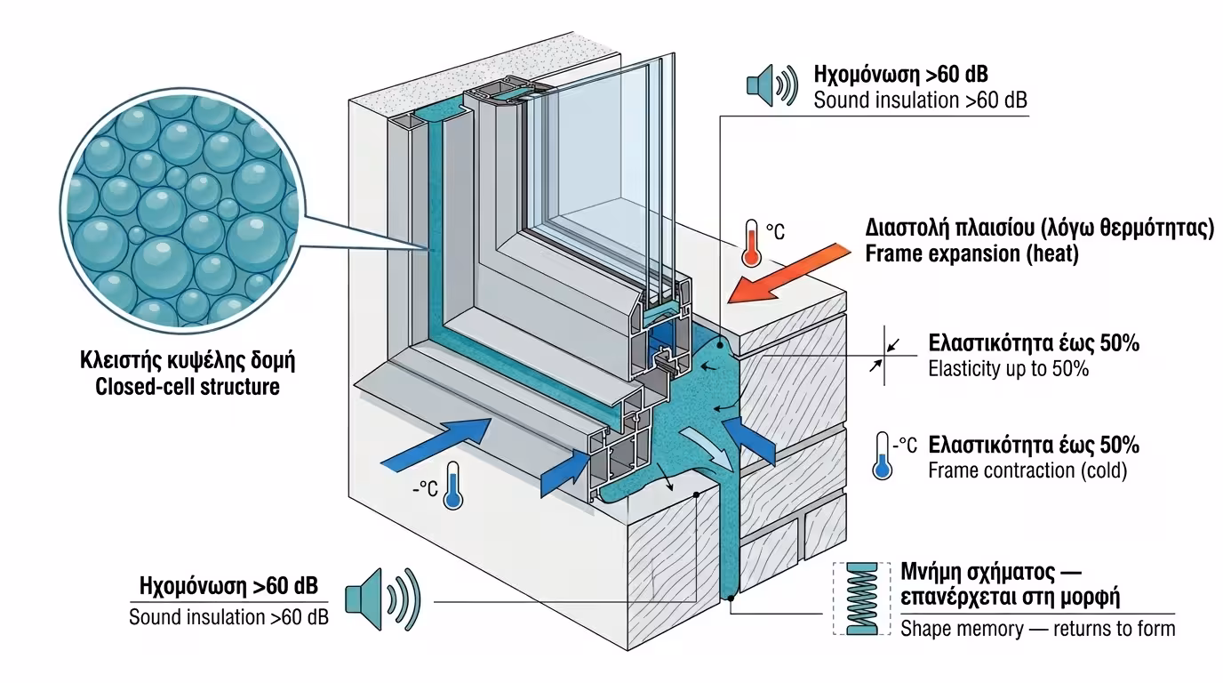 Ελαστικός αφρός PU κλειστής κυψέλης - ακολουθεί τις συστολοδιαστολές χωρίς να σκίζεται