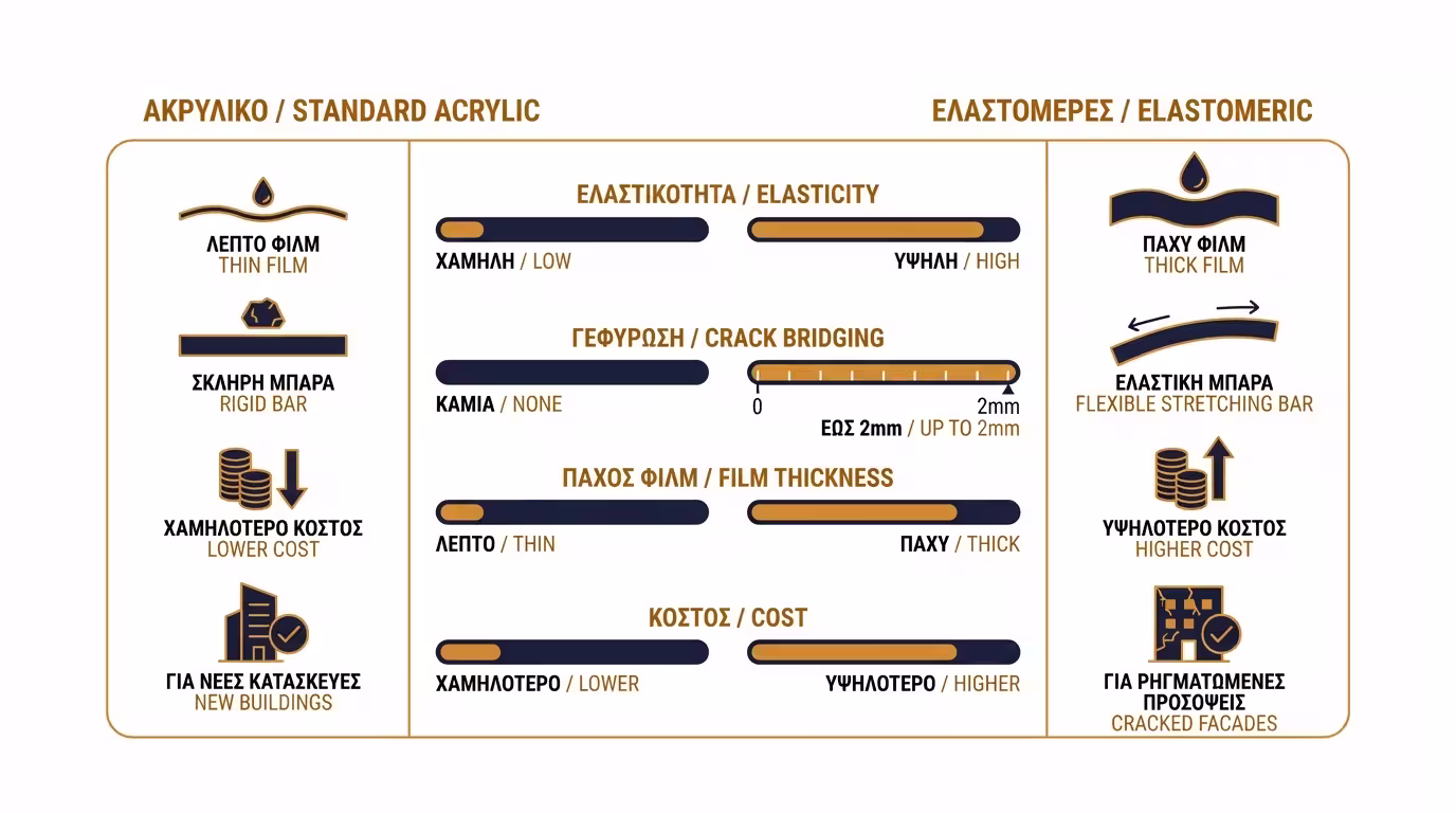 Οπτική σύγκριση ακρυλικού vs ελαστομερούς: ελαστικότητα, γεφύρωση, πάχος, κόστος