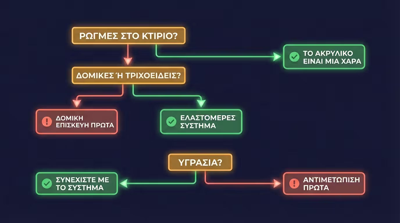 Δέντρο αποφάσεων: ρωγμές → τύπος → ελαστομερές ή δομική επισκευή