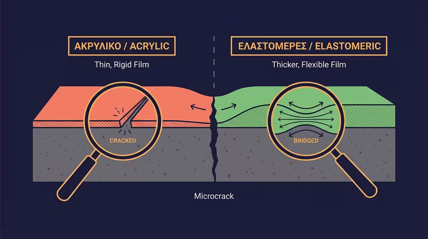 Σύγκριση: ακρυλικό φιλμ σπάει στη μικρορωγμή, ελαστομερές γεφυρώνει χωρίς ρήξη