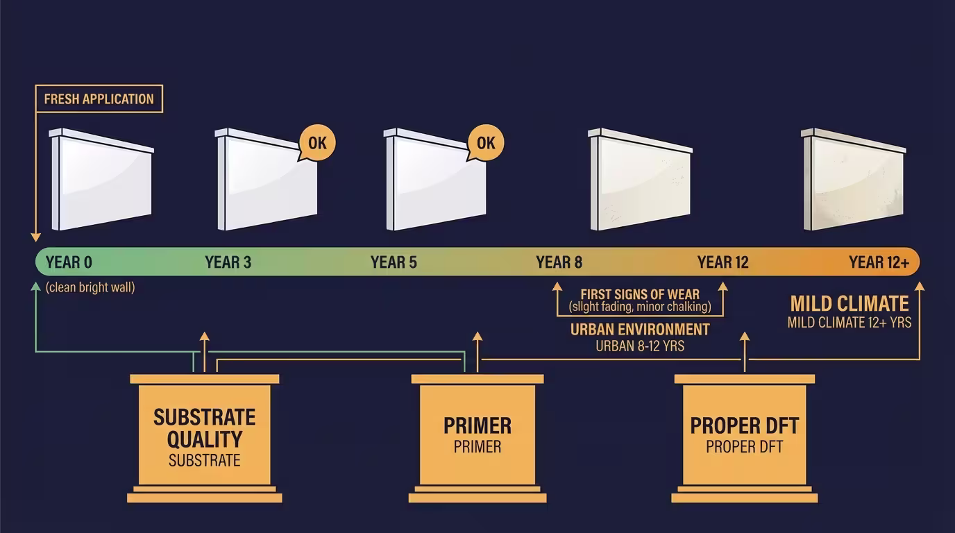 Timeline: elastomeric lifespan 8–12 years urban, 12+ mild climate