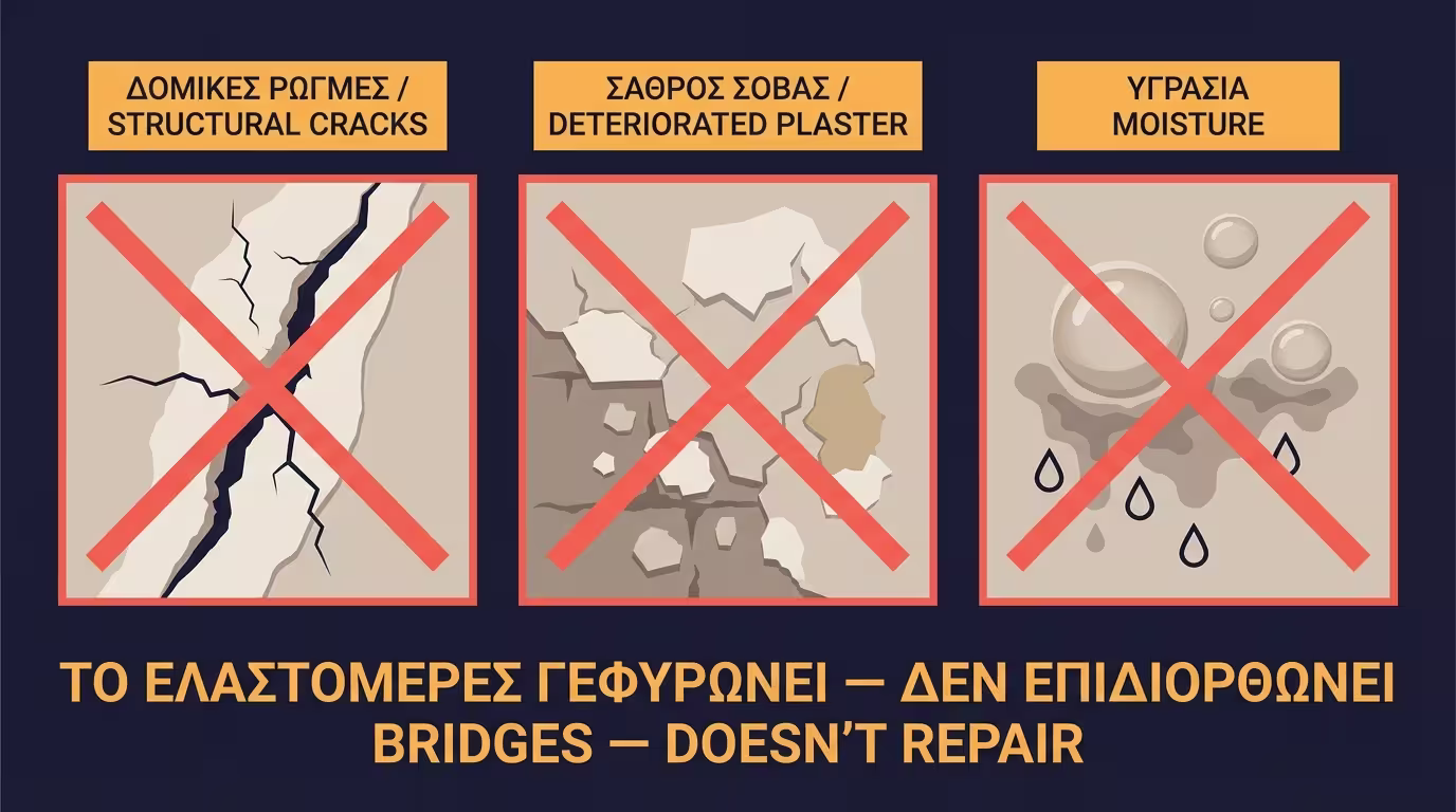 Τρία σενάρια αστοχίας: δομικές ρωγμές, σαθρός σοβάς, υγρασία - το ελαστομερές δεν αρκεί
