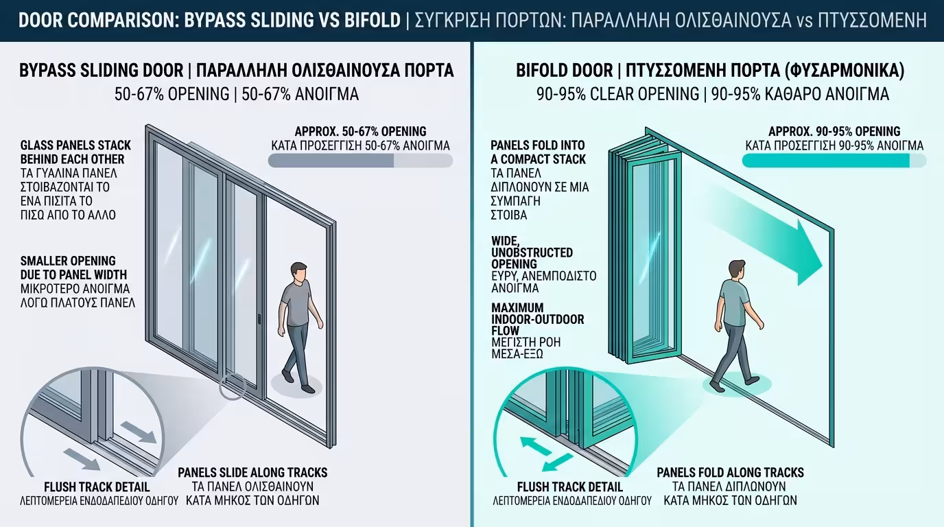 100% ελεύθερο άνοιγμα - πτυσσόμενη πόρτα ανοιχτή, ενοποίηση εσωτερικού-εξωτερικού χώρου