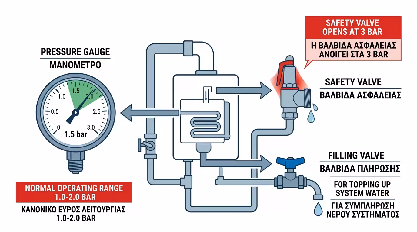 Έλεγχος μανόμετρο – βαλβίδα ασφαλείας, στάζει νερό, πίεση