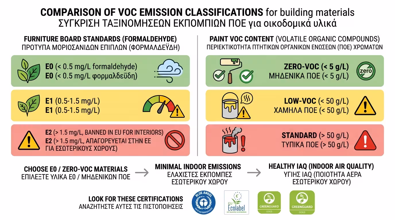 Έλεγχος πηγής VOCs - χρώματα Zero-VOC, πιστοποίηση E0/E1, φυσικά υλικά