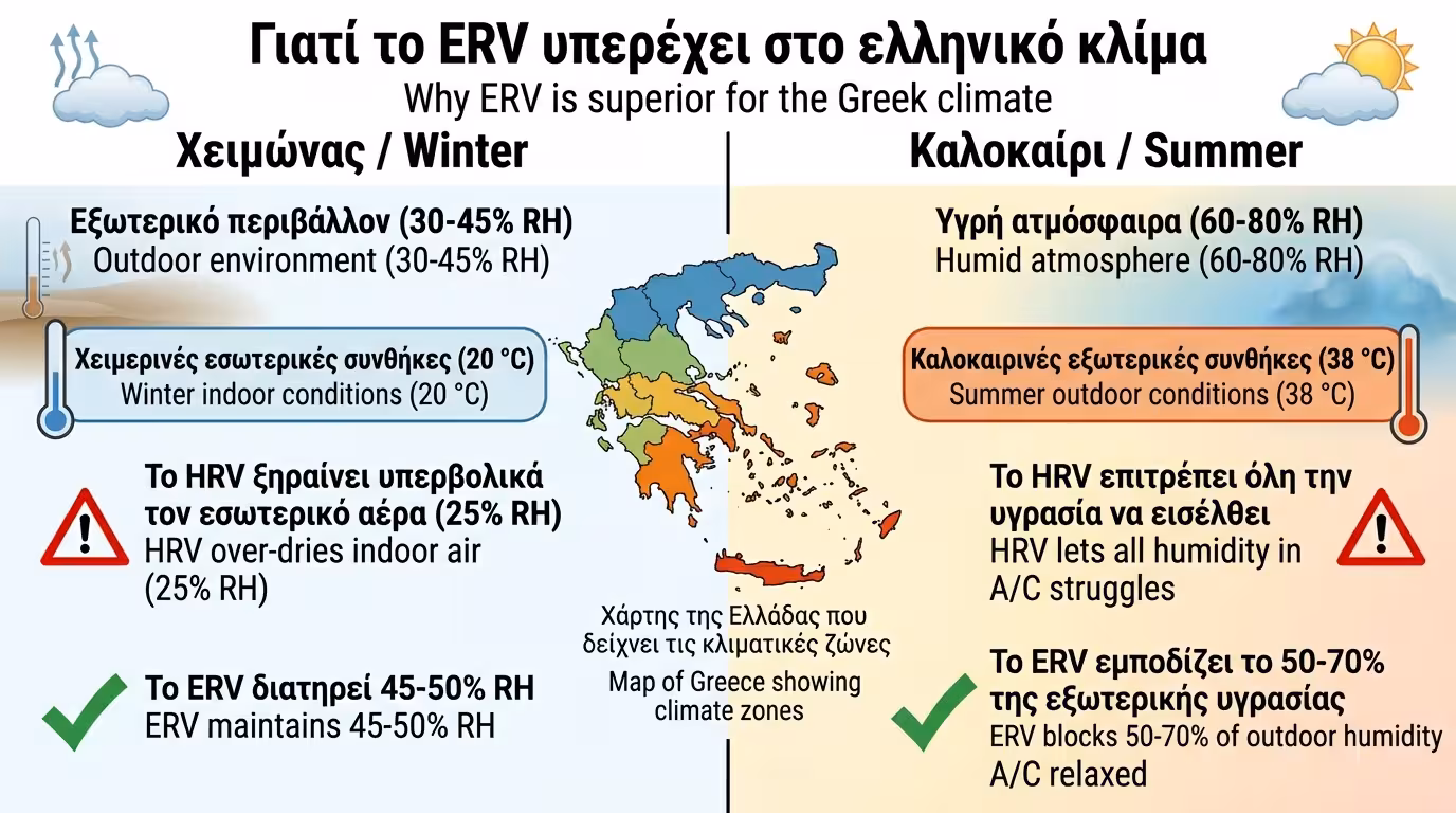Ελληνικό κλίμα - χειμερινή ξηρότητα, καλοκαιρινή υγρασία 70%, ERV ιδανικό