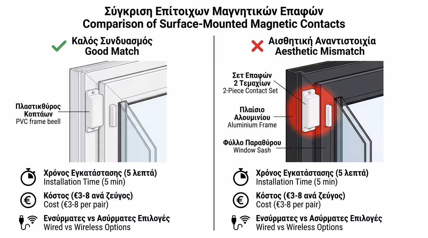 Εμφανείς μαγνητικές επαφές - πλαστικό κουτάκι συναγερμού σε κάσα