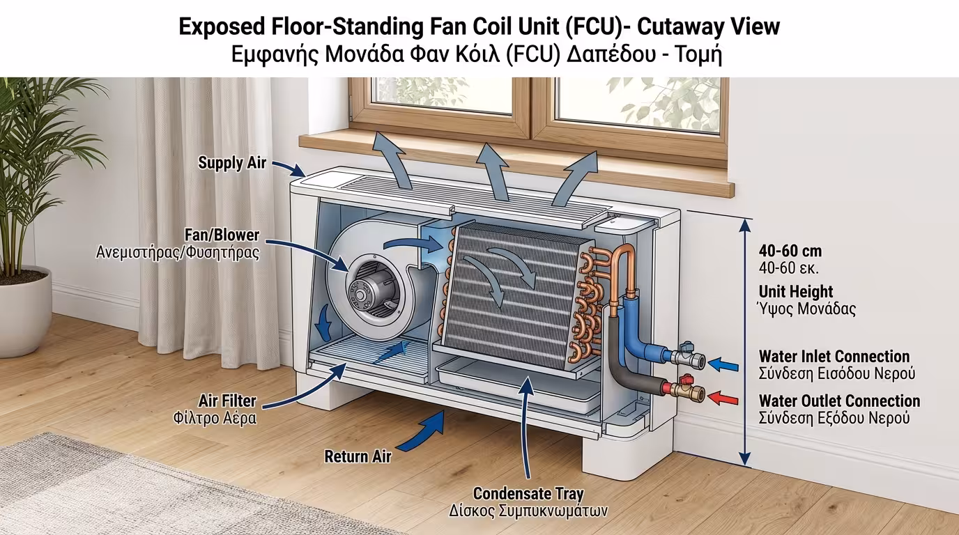 Εμφανές Fan Coil δαπέδου - slim μοντέλο τοποθετημένο χαμηλά στον τοίχο σαν καλοριφέρ
