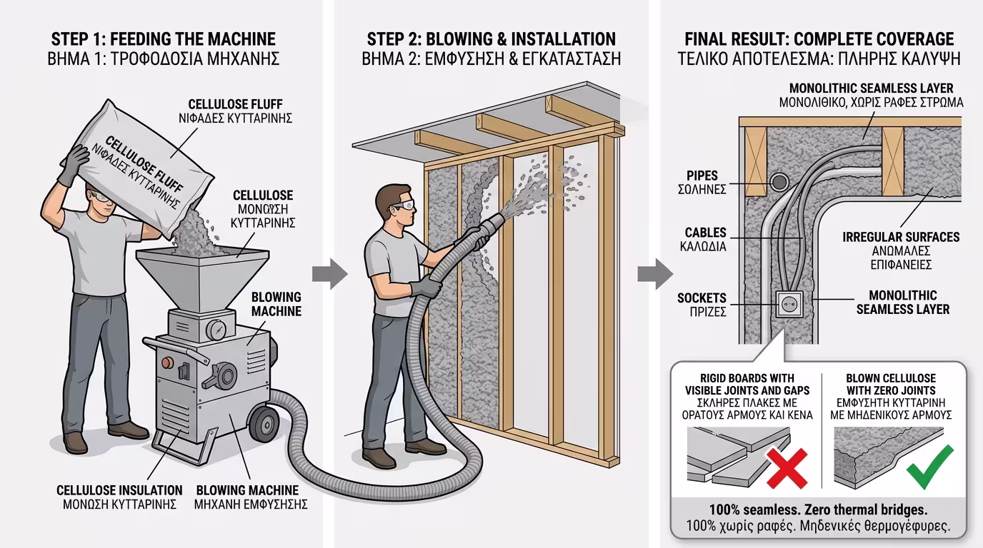 Μέθοδος εμφύσησης κυτταρίνης - blow-in χωρίς αρμούς