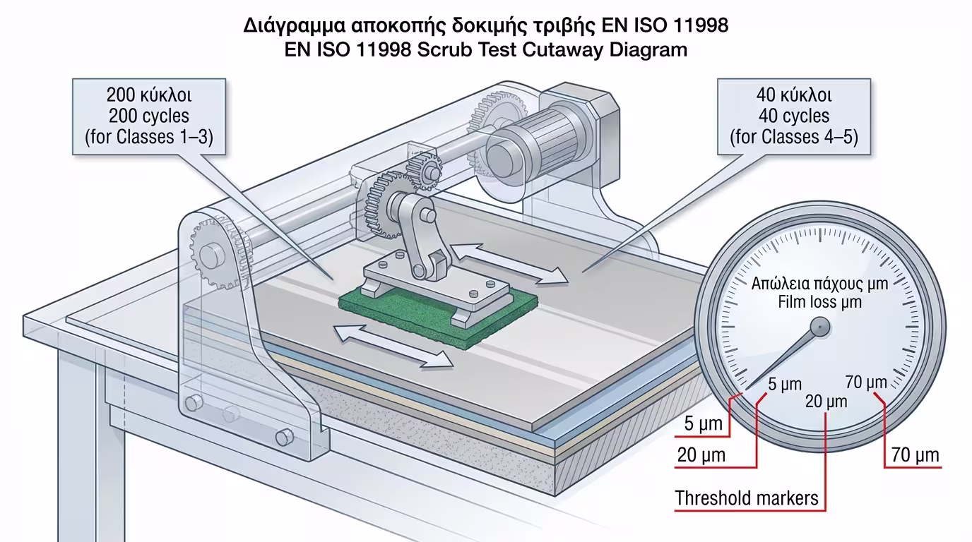 Infographic: Εργαστηριακή δοκιμή EN ISO 11998 – Scotch-Brite σφουγγάρι τρίβει βαμμένο δοκίμιο, μέτρηση απώλειας πάχους σε µm