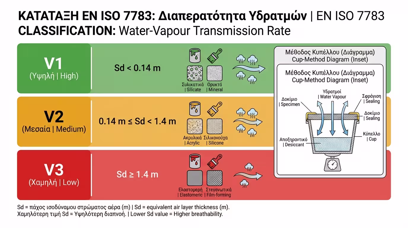 Ινφογκράφικ κατηγοριοποίησης EN ISO 7783 - V1, V2, V3 κατηγορίες χρωμάτων ανά Sd