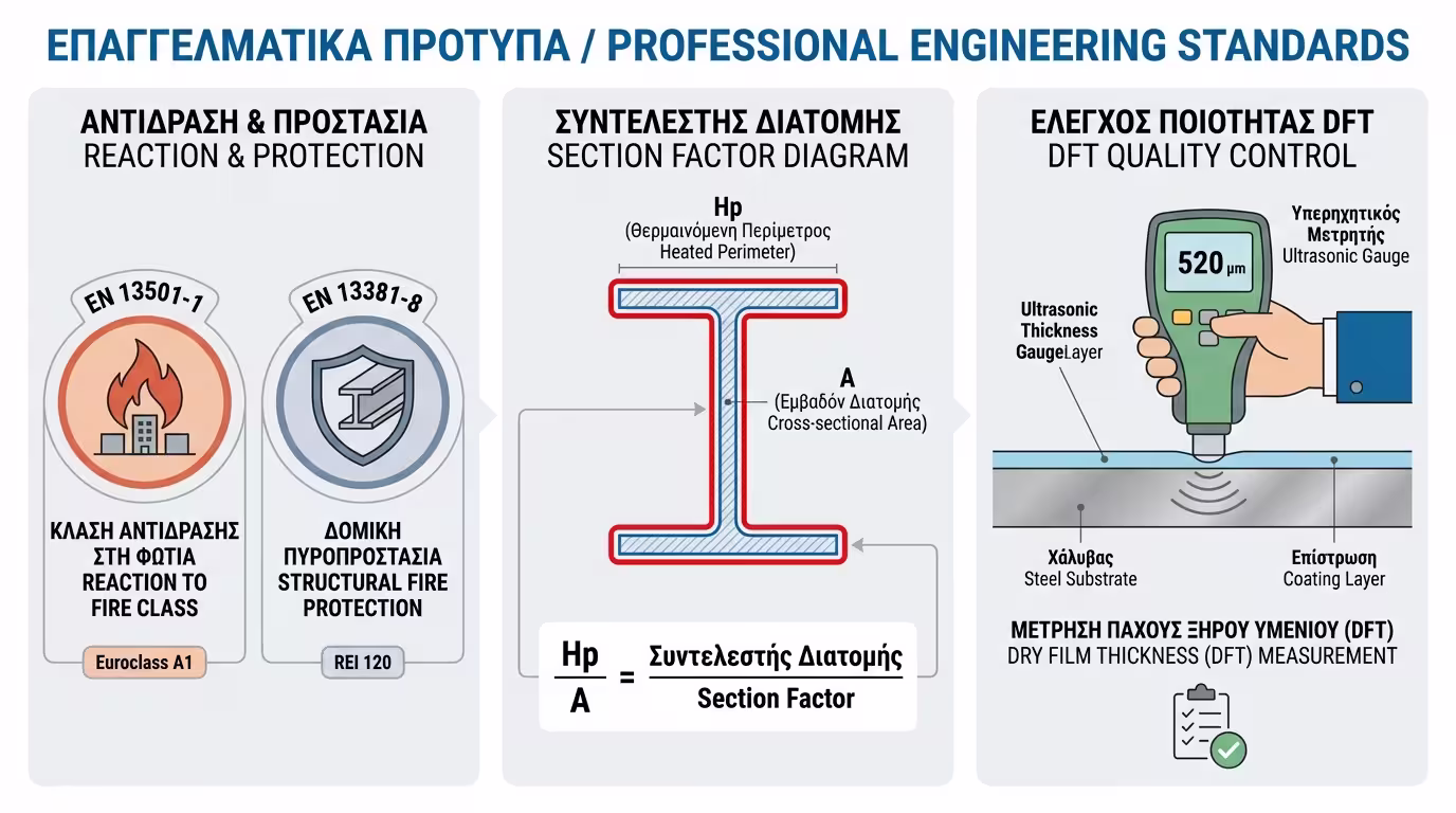Ινφογκράφικ: EN 13501-1, EN 13381-8, Hp/A συντελεστής, μέτρηση DFT με υπερήχους.
