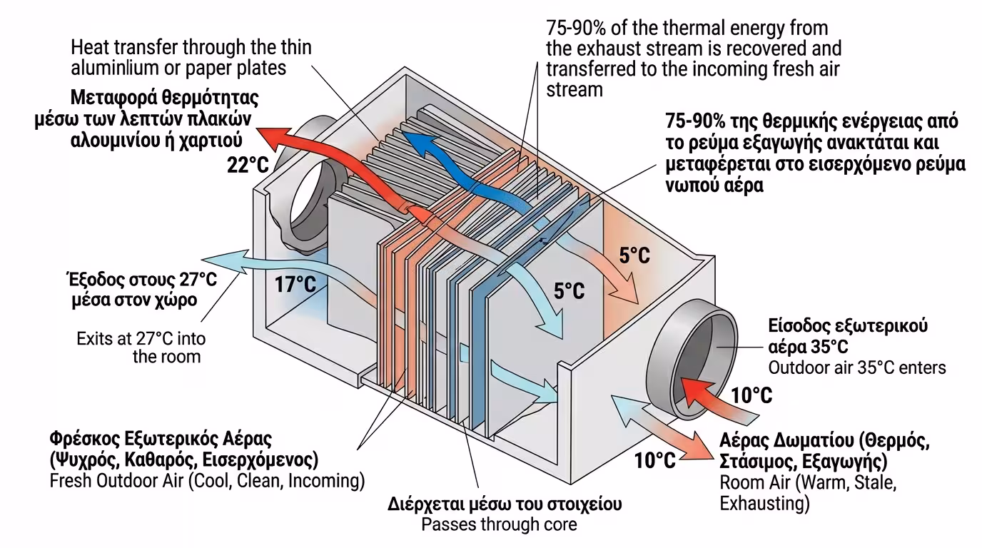 Εναλλάκτης ανάκτησης θερμότητας HRV/VAM - πυρήνας διασταυρωτικής ροής, ανταλλαγή θερμοκρασίας