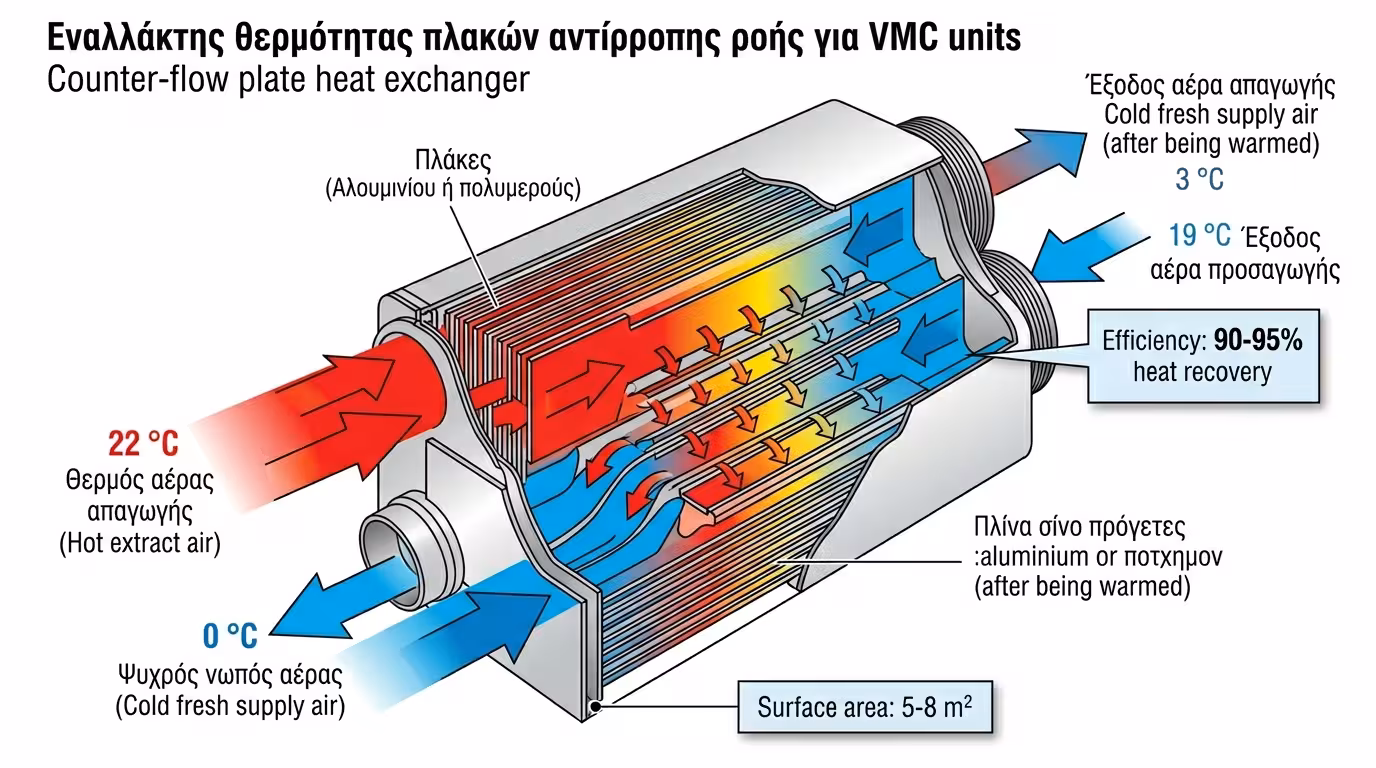 Εναλλάκτης θερμότητας VMC - λαβύρινθος φυλλαρίων, διασταύρωση ρευμάτων αέρα