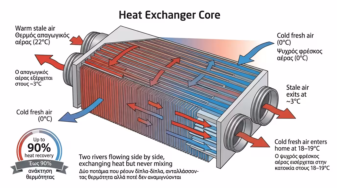 Δύο ρεύματα αέρα - ζεστό βρώμικο και κρύο φρέσκο - μέσα στον εναλλάκτη