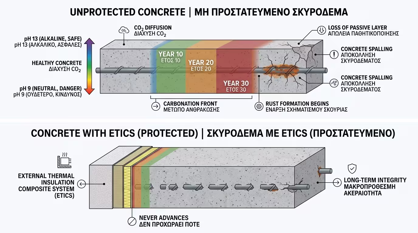 Διαδικασία ενανθράκωσης - προχώρηση μετώπου CO₂ στο σκυρόδεμα