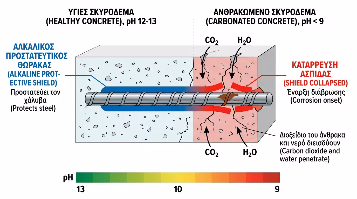 Ενανθράκωση σκυροδέματος - πτώση pH, απώλεια προστασίας οπλισμού