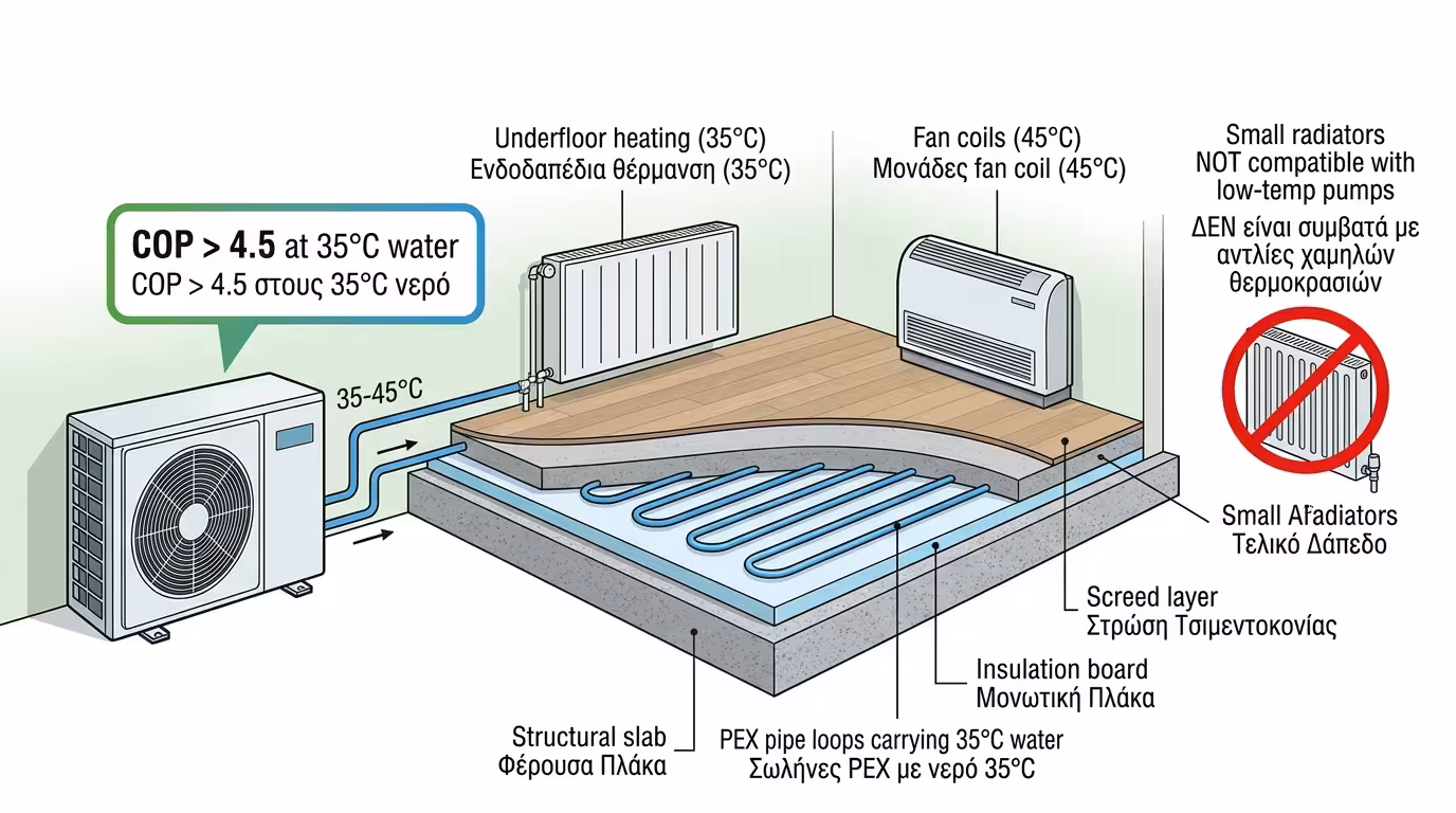 Ενδοδαπέδια θέρμανση σε συνδυασμό με αντλία χαμηλών θερμοκρασιών 35°C