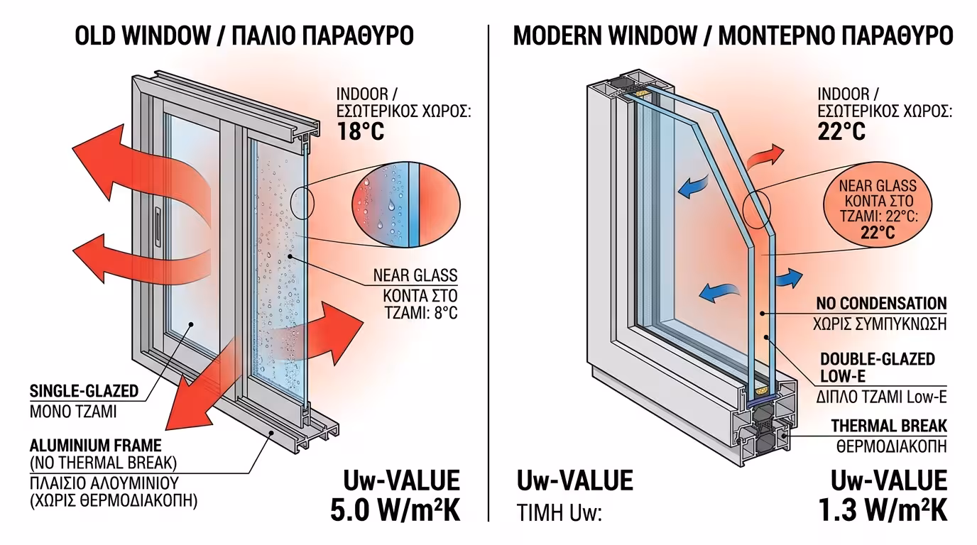Ενεργειακές απώλειες 30-40% από παλιά παράθυρα - θέρμανση και ψύξη