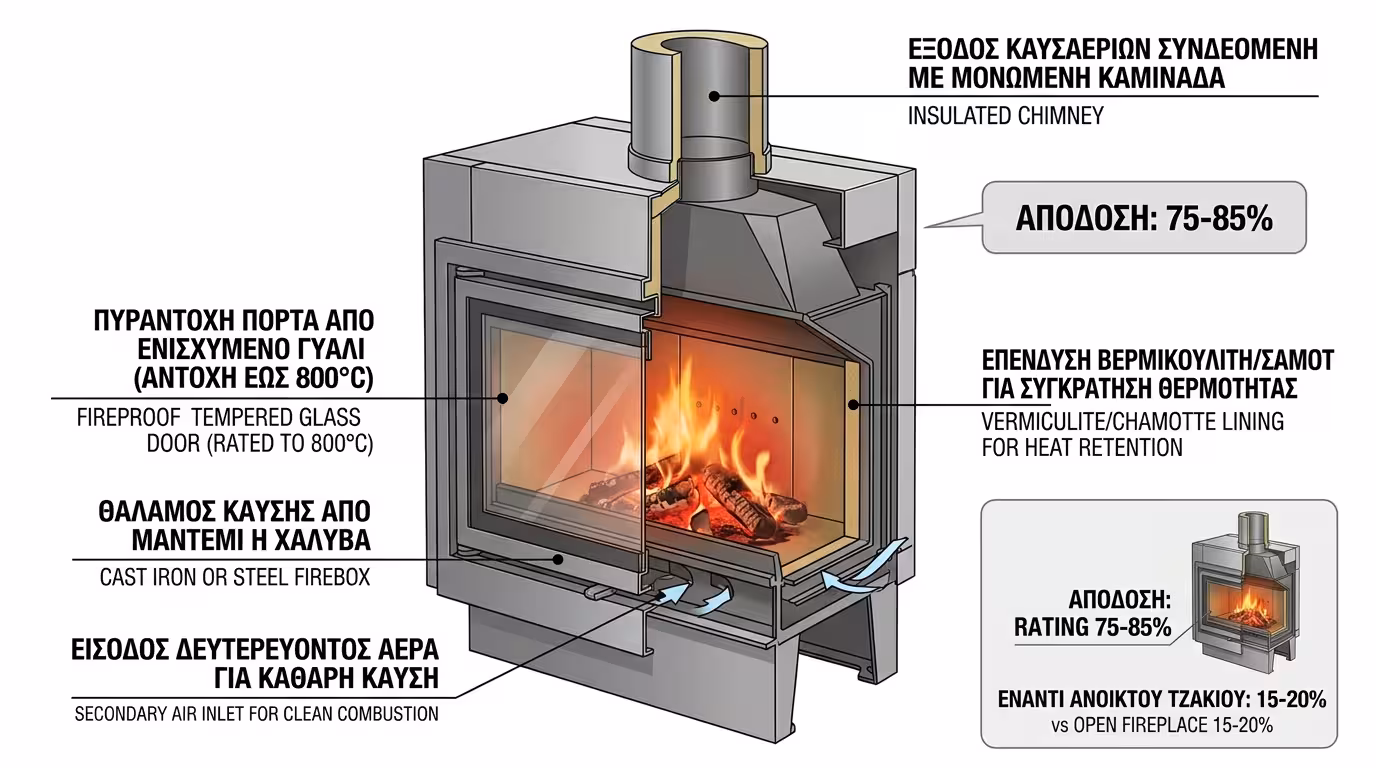 Ενεργειακό τζάκι κλειστής εστίας με πυρίμαχο τζάμι