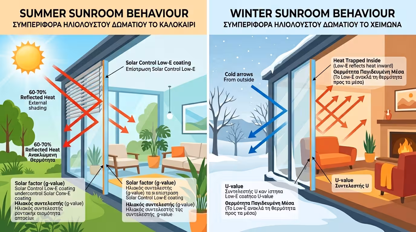 Ενεργειακή συμπεριφορά αίθριου - Solar Control Low-E τζάμια, εξωτερική σκίαση, φυσικός αερισμός