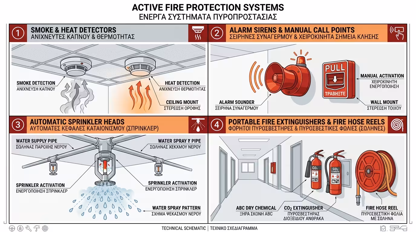 Ενεργητική πυροπροστασία: sprinklers, ανιχνευτές καπνού, πυροσβεστήρες, συναγερμοί
