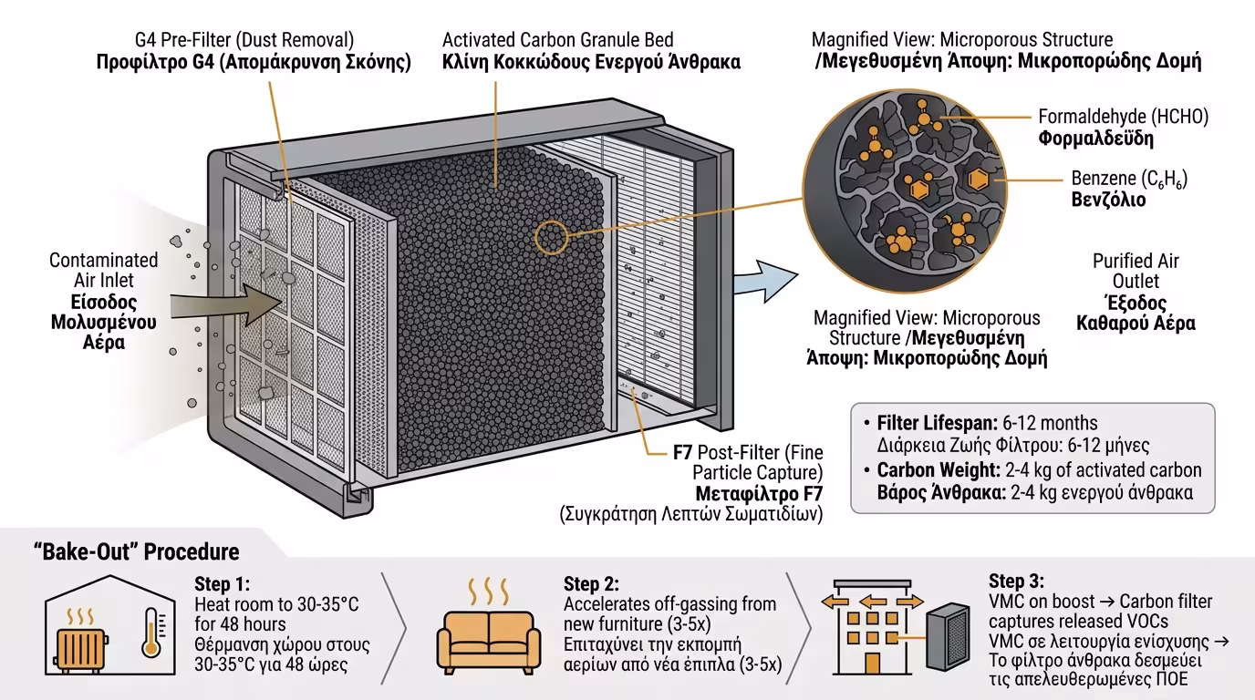 Φίλτρο ενεργού άνθρακα - πορώδη πελετάκια, απορρόφηση VOCs, φορμαλδεΰδης, οσμών