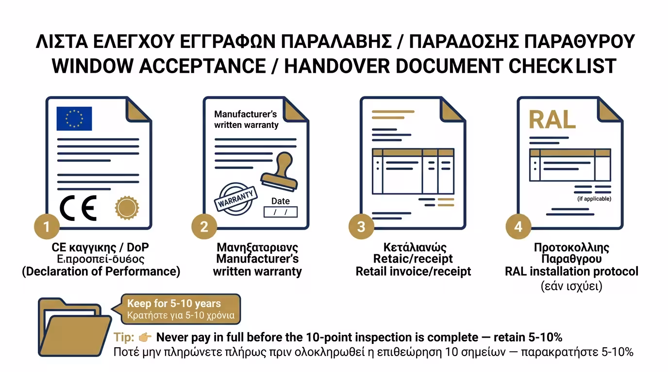 Πιστοποιητικά CE, εγγυήσεις, έντυπα παράδοσης κουφωμάτων - τεκμηρίωση