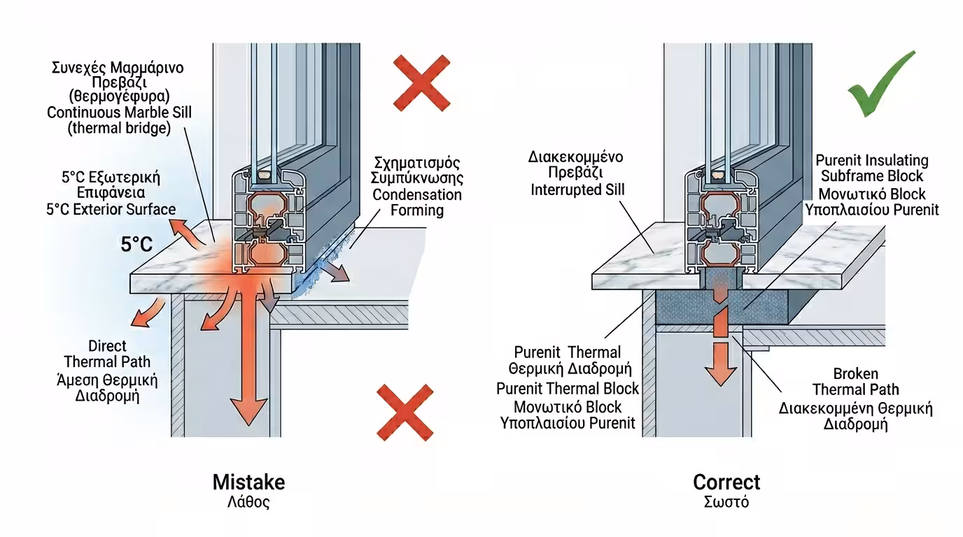 Ενιαίο μάρμαρο ποδιά - λεωφόρος κρύου, θερμογέφυρα κάτω από κούφωμα