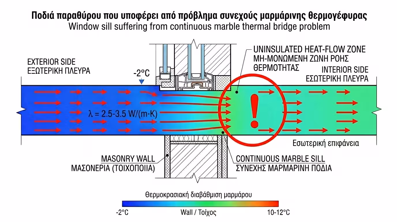 Κάτοψη ενιαίας μαρμαροποδιάς που δημιουργεί θερμογέφυρα κάτω από κούφωμα