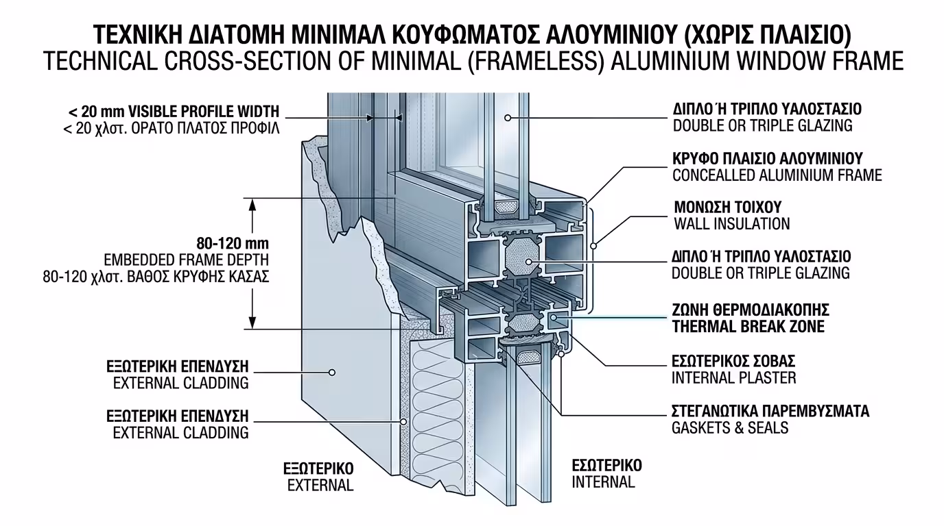 Εντοιχισμένη κάσα minimal κουφώματος - αλουμίνιο βυθισμένο στην τοιχοποιία